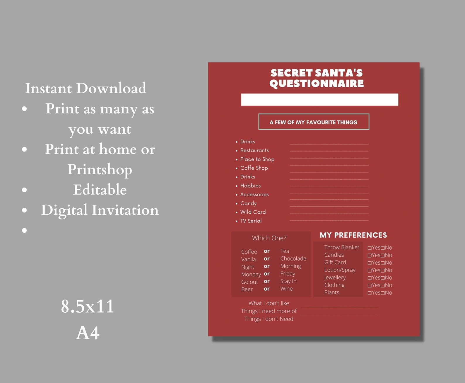 Printable Secret Santa Questionnaire For Gift Exchangework Or Etsy printable-secret-santa-questionnaire-for-gift-exchangework-or-etsy