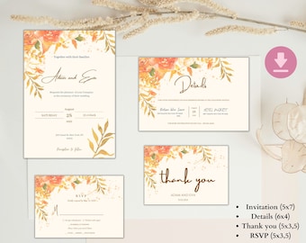 Fall Wedding Invitation Template,Autumn Themed Wedding Invitation,Rustic Fall Wedding Invite, Bohemian Fall,Burnt Orange Leaves,Fall Floral