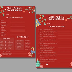Secret Santa Questionnaire, kids secret Santa questionnaire, Christmas 2021,Gift Exchange Printable PDF,Christmas Party,Secret Santa Party,