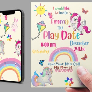 Plantilla de invitación de Playdate Tarjeta de Playdate imprimible editable, Invitación de fecha de juego de unicornio, Tarjetas de fecha de juego digitales, Tarjetas de fecha de juego de jardín de infantes