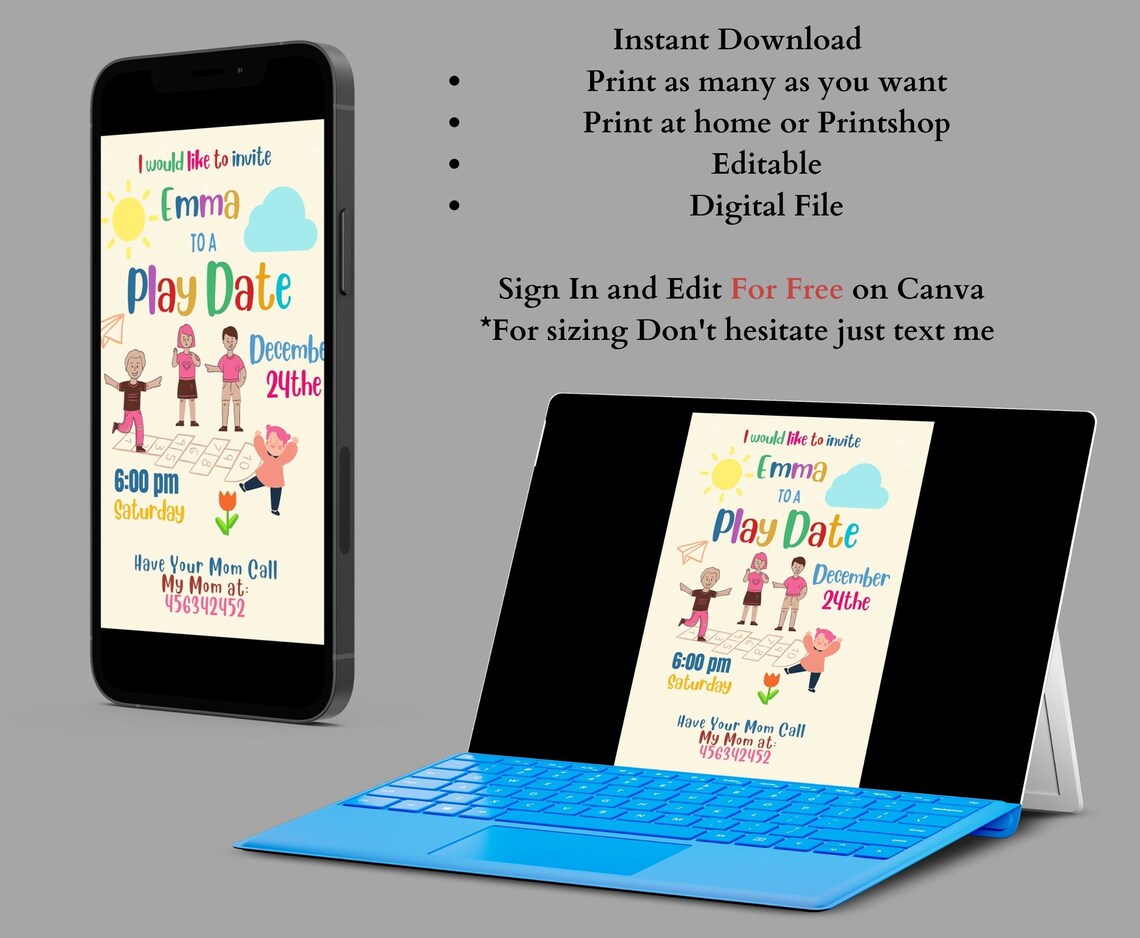 Playdate Invitation Editable Printable Playdate Card - Etsy
