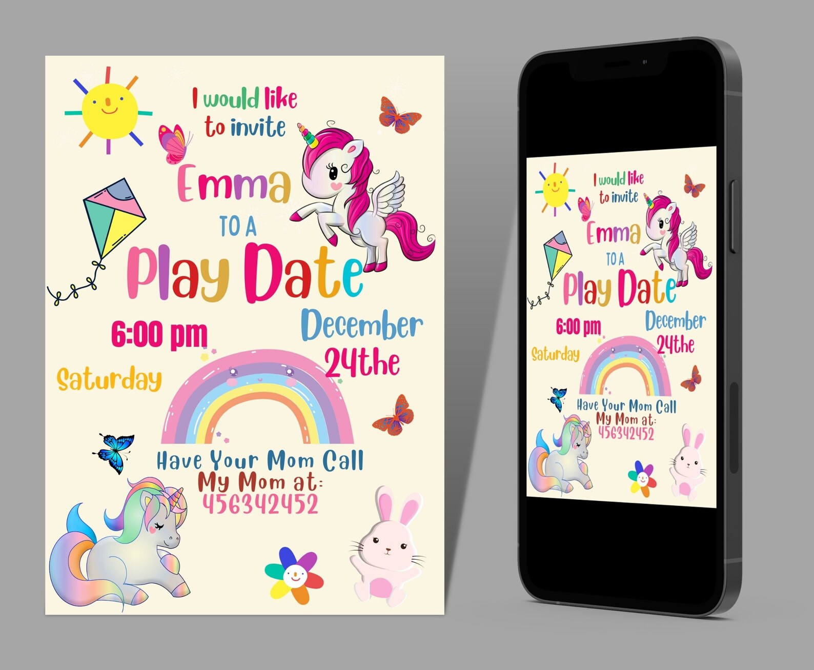 Playdate Invitation Template Editable Printable Playdate Card, Unicorn Play Date Invite, Digital ...