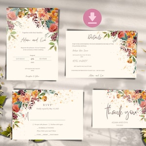 May include: Wedding invitation suite featuring floral designs in shades of orange, red, and yellow. The invitation includes the names Adam and Eva, the date 28th August, and the time 12 o'clock. The RSVP card requests a response by 15th May 2022. The details card includes information about the hotel and contact details. The thank you card includes the names Adam and Eva and the date 08.28.2022.