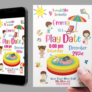 Summer Playdate Invitation, Let’s Play! Play Date Invitation Cards, pool party invitation. Pool Party Playdate event for Little Swimmers.