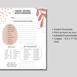 Spring Gift Questionnaire Sweet Spring Questionnaire (gift Exchange, Gift Ideas, Sorority, Church ...