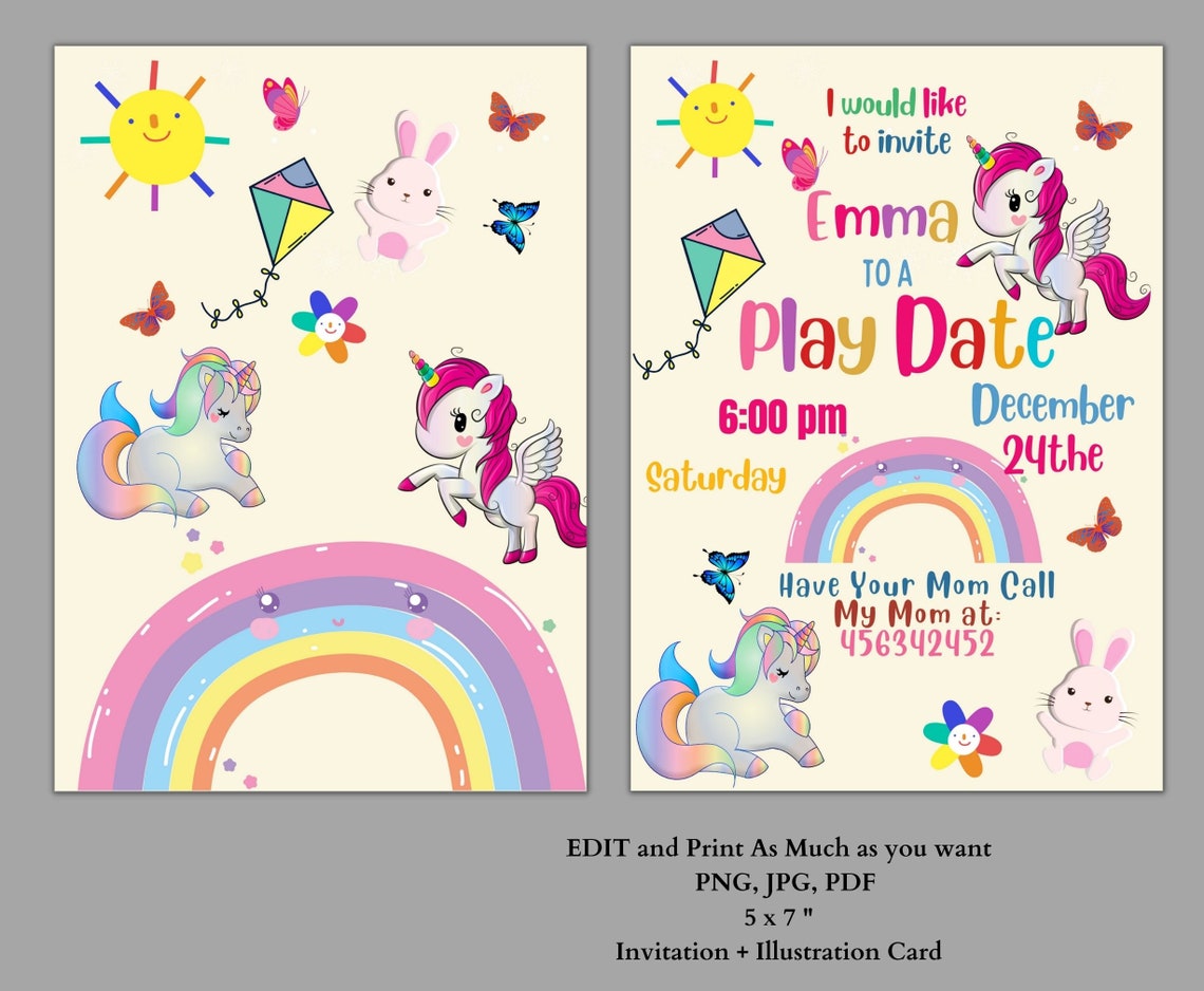 Playdate Invitation Template Editable Printable Playdate Card, Unicorn Playdate Invitation Template Editable Printable Playdate Card, Unicorn