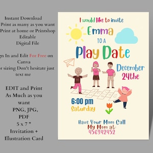 Editable Printable Playdate Card Kids Playdate Card Template Customizable Printable Party ...