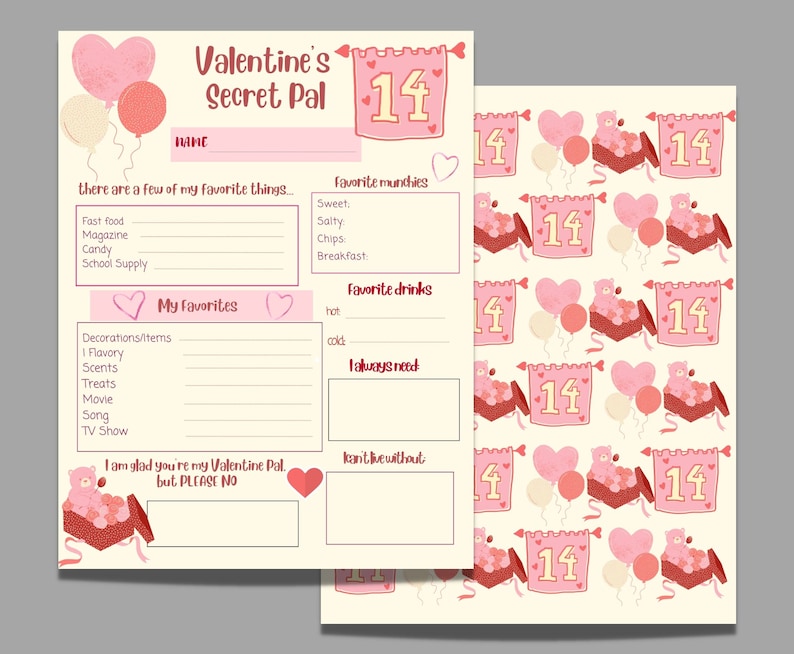 Valentine's Day Secret Pal Questionnaire, Printable Gift Exchange Wish List Form, Secret Pal