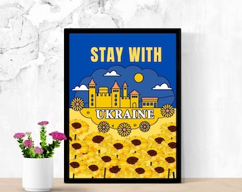 Stay With Ukraine, Support Ukraine, Support Ukrainians, Ukraine Poster PNG, PDF Blue and Yellow, Ukrainian, Stand With Ukraine, Donation