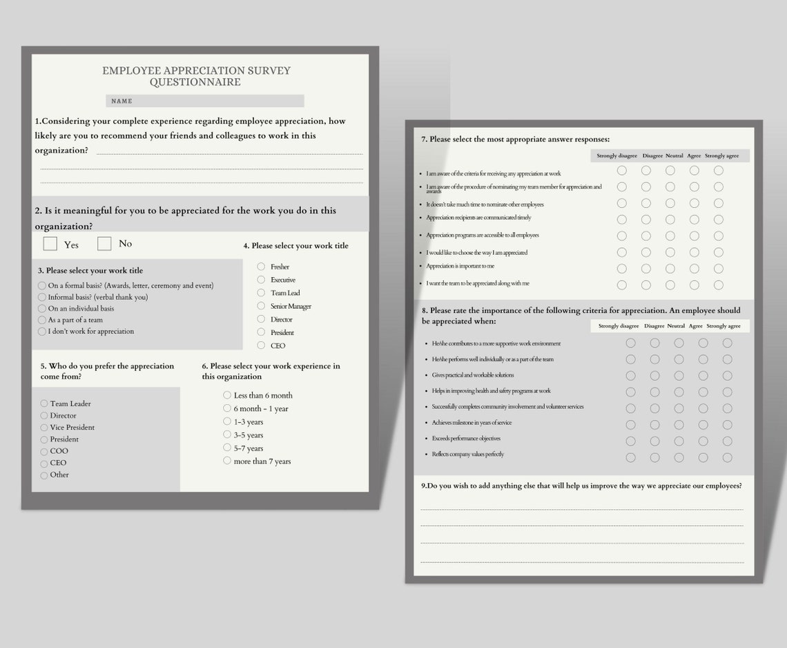 Employee Appreciation Survey Questionnaire Employee Evaluation Surveys
