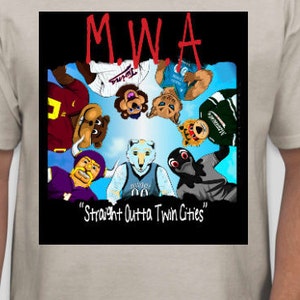 May include: A light beige t-shirt featuring a graphic with cartoon mascots representing various sports teams. The image includes the text "M.W.A." in red and "Straight Outta Twin Cities" in white.