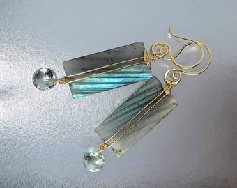 Natural Blue Flash Faceted Labradorite, Green Amethyst and Gold Earrings/Art Deco Style Long Earrings/Stunning Geometrical Earrings/Gift