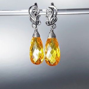 Citrine Zircon and Oxidized Sterling Silver Drop Earrings in Art Nouveau Style