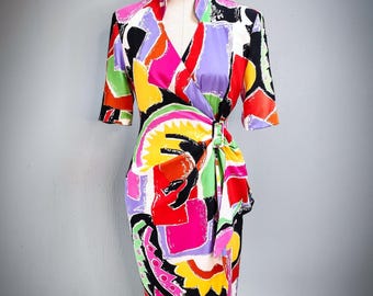 Sukienka jedwabna Albert Nipon Designer z lat 80. w stylu vintage z kolorowym nadrukiem graficznym