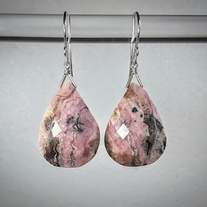Pink Rhodochrosite Irregular Slices and Sterling Silver Large Drop Earrings