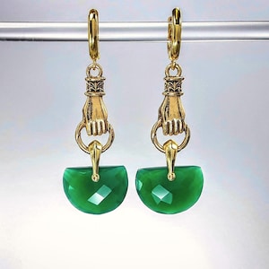 Unique Green Onyx and Gold Long Earrings in Art Deco Style