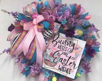 Easter Wreath, Whimsical Easter Wreath, Easter Decor, Bunny Wreath, Spring Pastel  with Easter Sign Wreath, Easter Deco Mesh Wreath, Gift