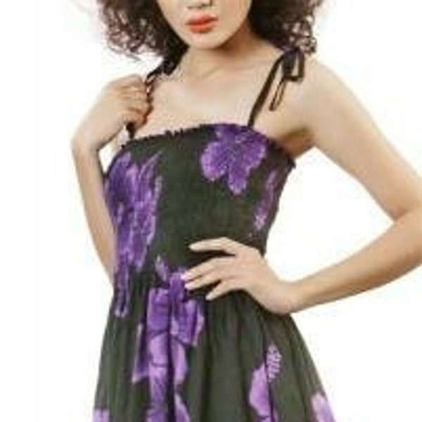 Hibiscus Print Women’s Hawaiian Luau Short Elastic Tube Dress - One size fits most - Black/Purple