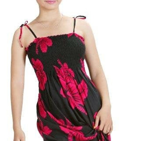 Hibiscus Print Women’s Hawaiian Luau Long Smocked Tube Dress - One size fits most - Black-Pink