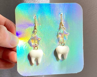 STARRY TOOTH Earrings Suncatcher Gold Party Jewelry Trendy Dentist Dental Wisdom Teeth Bachelorette Unique Work Birthday Gift Crystal Stars