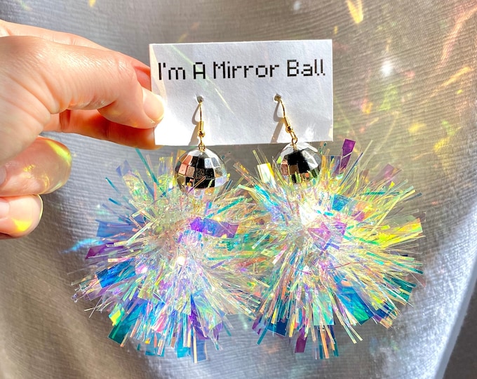 TINSEL MIRROR BALL Earrings Suncatcher Concert Wedding Birthday Party Jewelry Bachelorette Swift Holiday Unique Gift Disco Ball Rainbow