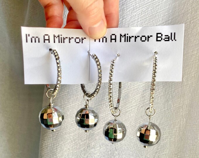 RHINESTONE MIRROR BALL Hoops Earrings Suncatcher Concert Swift Party Jewelry Trendy Fashion Bachelorette Unique gift Disco Ball Silver