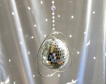 DISCO BALL Silver Suncatcher Crystal Mirror Ball Orb Wedding Rainbow Double Ring Hoop Party Window Wall Art unique gifts Decor Sliver