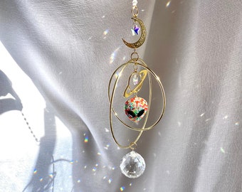 RHINESTONE ALIEN Suncatcher Crystal Ball Rainbow UFO Space Universe Flying Saucer Decor Unique Gift Wall Window Hanging Art Multicolor