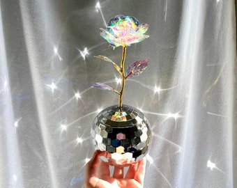 DISCO BALL FLOWER Suncatcher Mirror Ball Vase Rose Tabletop flower choker 90s Holographic Party Window Art Birthday unique gift Decor