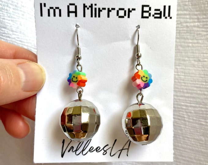 GROOVY MIRROR BALL Earrings Suncatcher Concert Party Jewelry Trend 90s Art Decor Bachelorette Swift unique gift Disco Ball Flower Happy Face