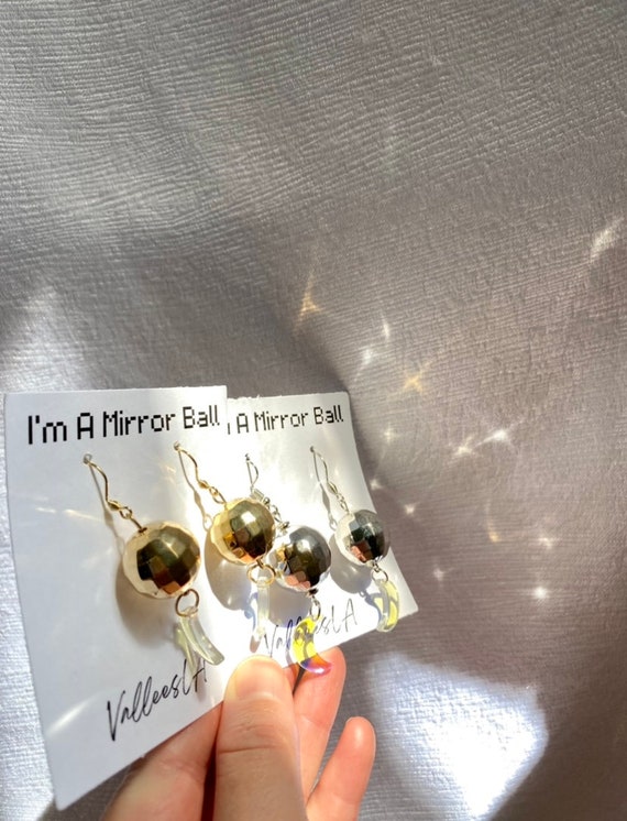 MIRROR BALL MOON Earrings Crystal Moon Birthday Zodiac Unique Gift Jewelry Trendy Fashion Celestial Space Moon Cresent Sky Night Silver