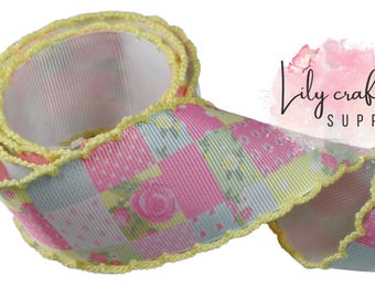 1.5-2.25" yellow patchwork grosgrain ribbon, patchwork moonstitch ribbon, pink and blue moonstitch ribbon, embroidery ribbon, moonstitch