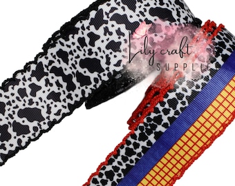 1.5-2.25" cow print grosgrain ribbon, cow moonstitch ribbon, western ribbon, embroidery ribbon, moonstitch ribbon, cow ribbon