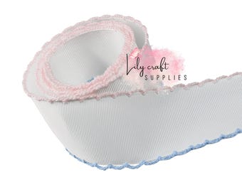 1.5" - 2.25" white with pink and blue moonstitch ribbon, Wavy Edge Grosgrain ribbon, wavy ribbon, moonstitch edge ribbon,