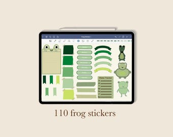110 pegatinas digitales con temática de ranas para planificadores y notas / Goodnotes / precortadas y recortadas / pegatinas para planificación y registro diario / rana verde