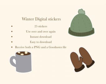 25 pegatinas digitales de invierno, pegatinas PNG con temática acogedora / planificador, Goodnotes / clase, notas universitarias, notas de trabajo, álbumes de recortes digitales / iPad