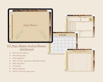 Agenda y diario digital para estudiantes de 631 páginas / Goodnotes, iPad / 2024 / universidad / mensual, semanal, diario / KENOTES PDF / colores neutros