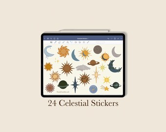 24 pegatinas digitales celestiales / sol, estrella, luna, astrología / / pegatinas PNG / precortadas, pegatinas precortadas / GoodNotes / Estética / planificador