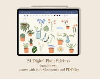 24 pegatinas digitales de plantas / pegatinas PNG / pegatinas precortadas, pegatinas precortadas / GoodNotes / One note / pegatinas de planificador / pegatinas estéticas de plantas