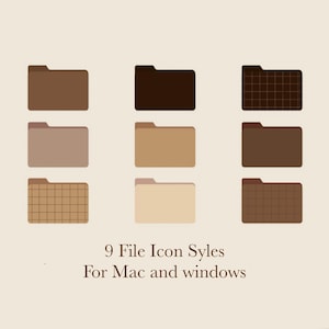 Puede incluir: Nueve estilos diferentes de iconos de carpeta en varios tonos de marrón, beige y negro. Algunos iconos tienen un patrón de cuadrícula. El texto debajo de los iconos dice "9 File Icon Styles For Mac and Windows".