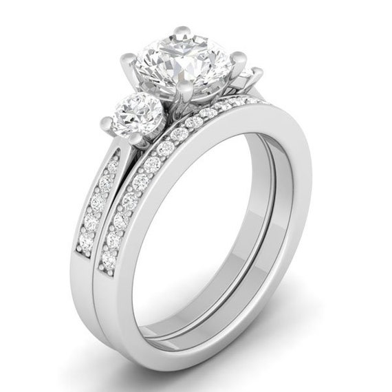 Three Stone Brilliant CZ Simulated Diamond Silver Bridal Wedding Ring Set