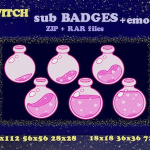 Twitch Sub Badges and Emotes 6x Pack Love Potion Twitch | Streaming | Discord | Heart | Love | Potion | Kawaii | Pink | Cute | Magic