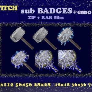 Peut inclure: Un ensemble de six badges de souscription Twitch numériques représentant un marteau argenté avec des éclairs bleus. Les badges sont de différentes tailles : 112 x 112, 56 x 56, 28 x 28, 18 x 18, 36 x 36 et 72 x 72 pixels.