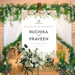 Indian Wedding Welcome Sign, Ganesh White Flowers, Modern Welcome Sign, Printable, Instant Download, Editable Template [ws-002]