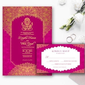 Invitation de mariage indien, RSVP, Ganesh Invite - Rose, Invitation imprimable, Téléchargement instantané, Modèle modifiable [Invite-009]