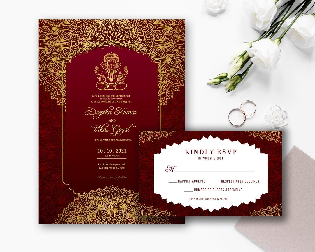 Indian Wedding Invitation, Ganesha Invite RED, Printable Invitation