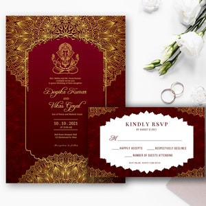 Convite de casamento indiano, convite Ganesha - VERMELHO, convite para impressão, download instantâneo, modelo editável [Invite-004]