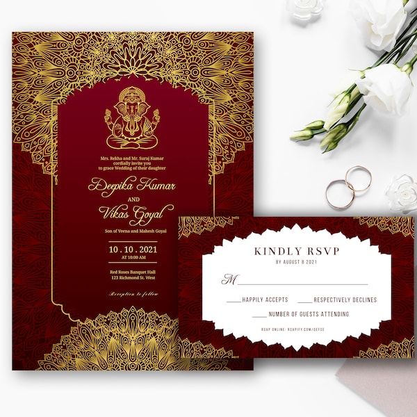 Indische Hochzeitseinladung, Ganesha Invite - ROT, druckbare Einladung, sofortiger Download, bearbeitbare Vorlage [Invite-004]