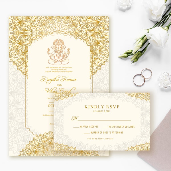 Indian Wedding Invitation, Ganesha Invite - Ivory Gold, Printable Invitation, Instant Download, Editable Template [Invite-013]