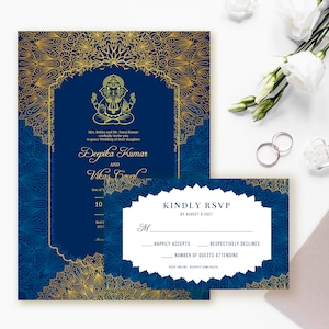 Indian Wedding Invitation, RSVP, Ganesh Invite - Royal Blue, Printable Invitation, Instant Download, Editable Template [Invite-007]